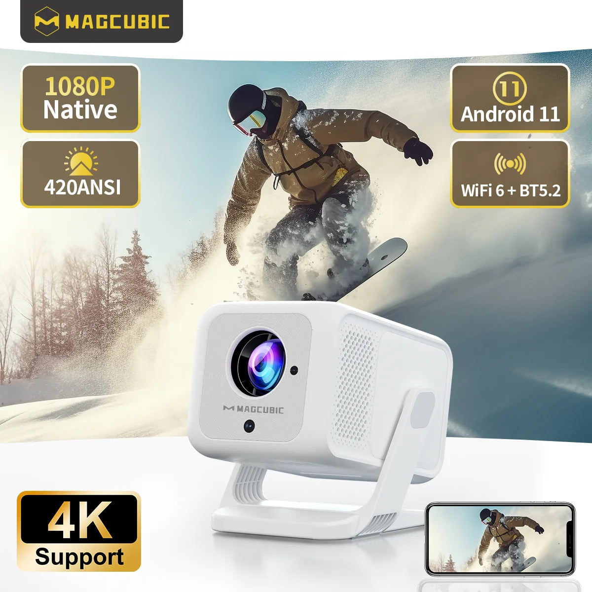 Magcubic HY310X Auto Focus 420ANSI Android 11 Keystone 4K Mini Projector with Full HD 1080Pfor Outdoor Theater Stand Projector