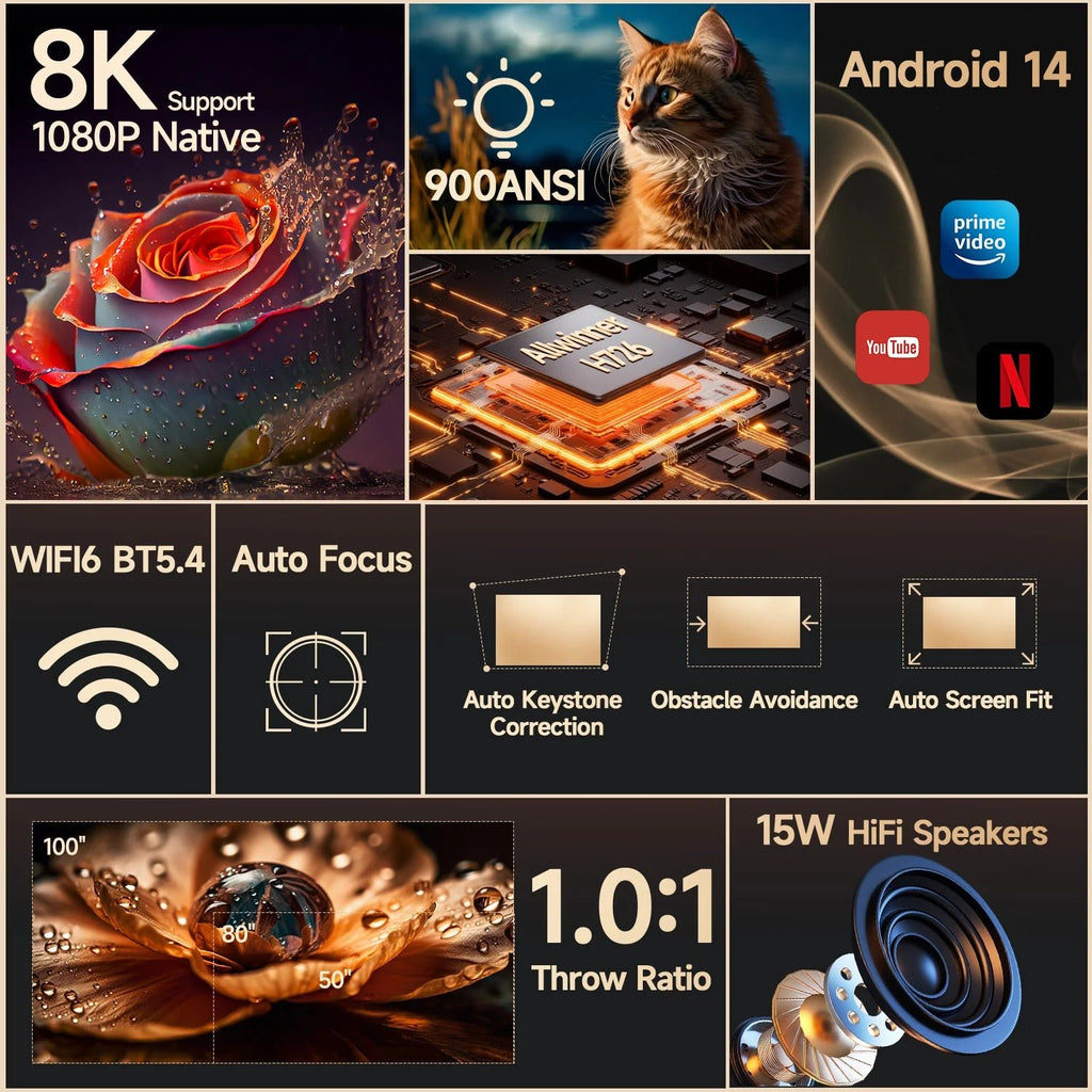 Magcubic Android 14 900ANSI Projector Auto Focus Native 1080P Support 8K With Wifi6 BT5.4 Portable Movie Outdoor HY350Max - Magcubic Store