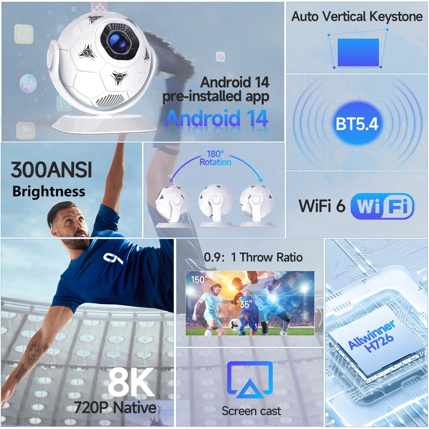 Magcubic HY300F Android 14 8K Projectors 300 Ansi MINI Projector LED Wifi6 BT5.4 Creative Football Styling Movie Home Theater - Magcubic Store